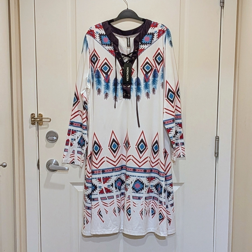 NWT Noracora XXL Geometric Feather Print Lace Up Collar Tunic Dress